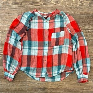 Pilcro Anthropologie Womens XS Breezy Red Blue Oversized Plaid Button Down Shirt